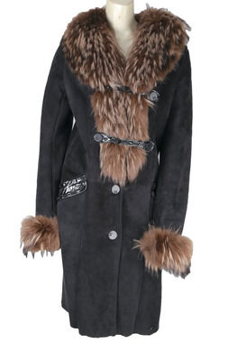 Black Suede Shearling Coat Genuine Fox Fur Collar Cuffs Toggle Trim Long Size S